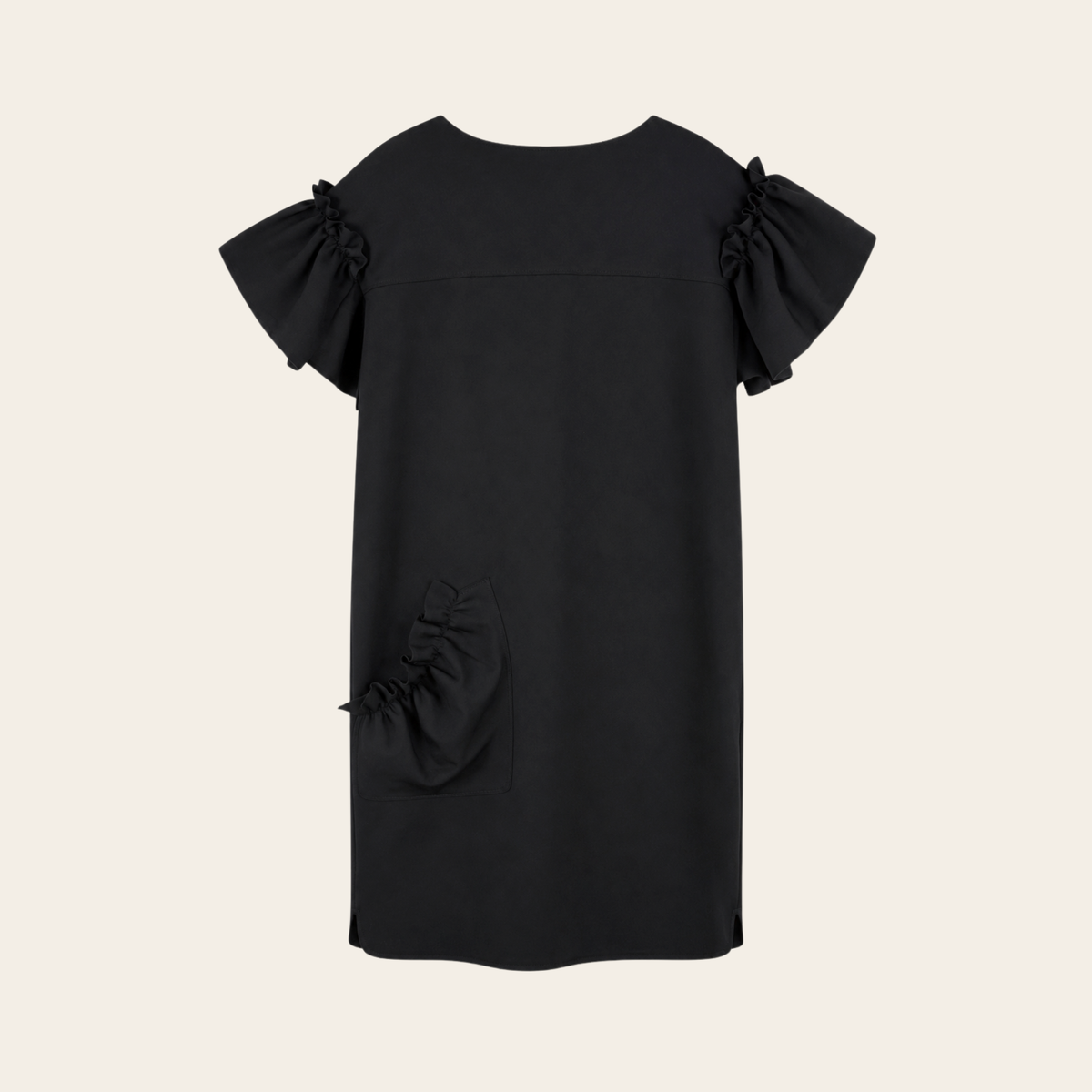 Marie Saint Pierre – Robe noire à manches volantées sculpturales et poche froncée – Taille 5 (L)