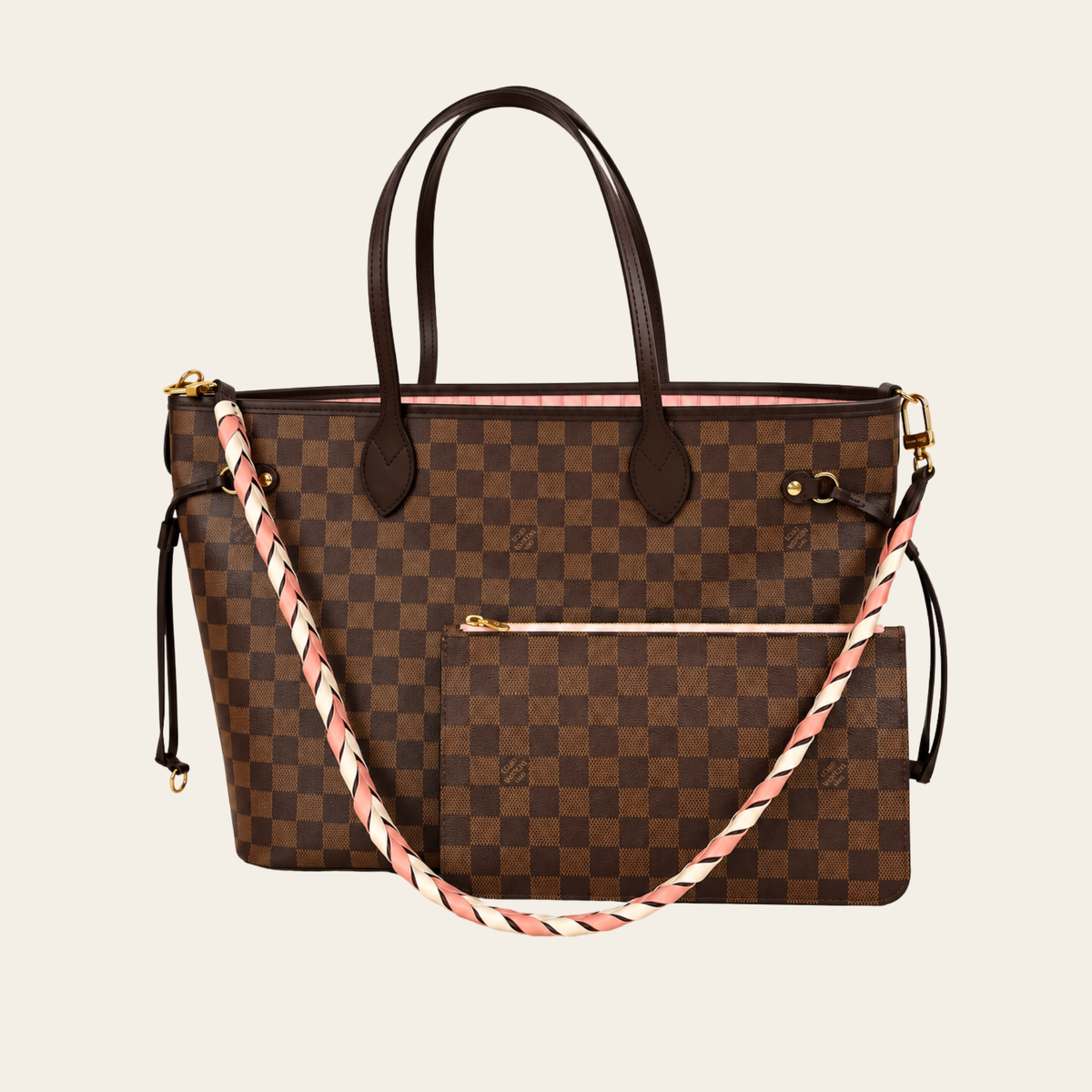 LOUIS VUITTON — Neverfull MM Braided en Damier Ébène, doublure rose