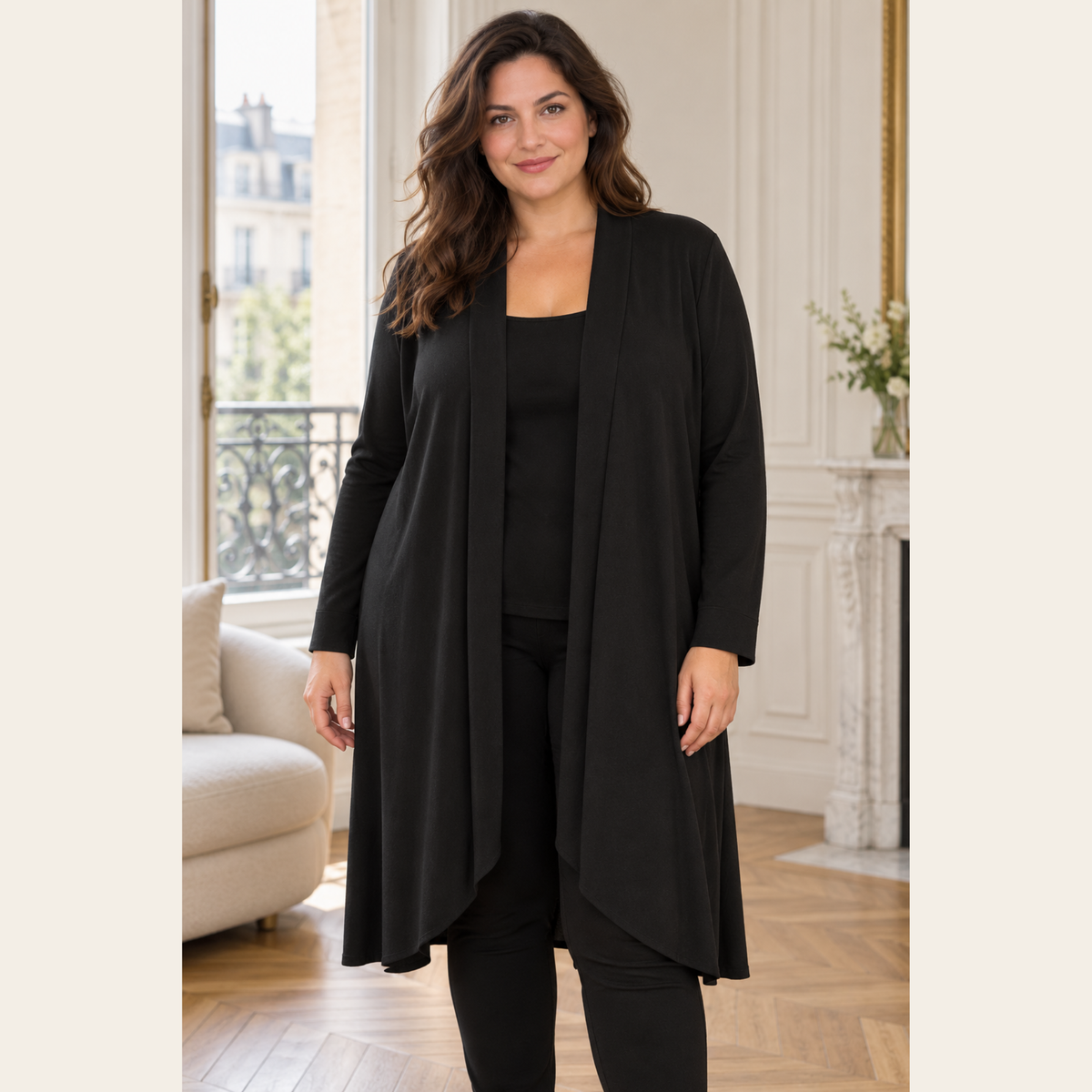 MARIE SAINT PIERRE – Cardigan long ouvert en double jersey – Noir – Taille 6 (XL)