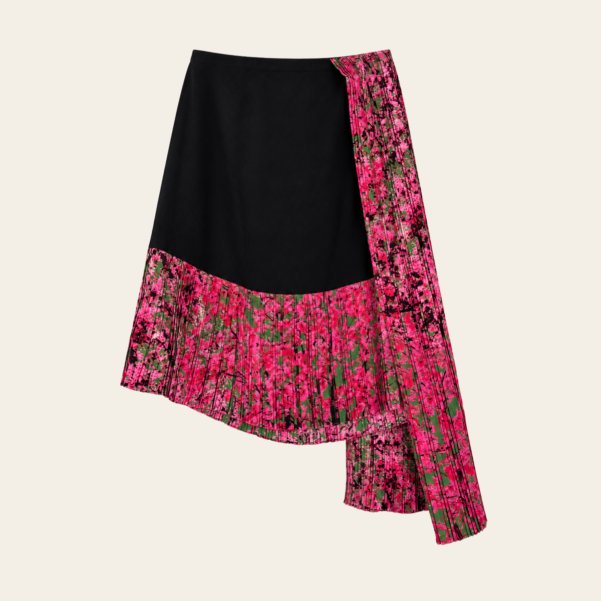 CHRISTIAN DIOR — Jupe plissée asymétrique en soie noire et rose, taille 36