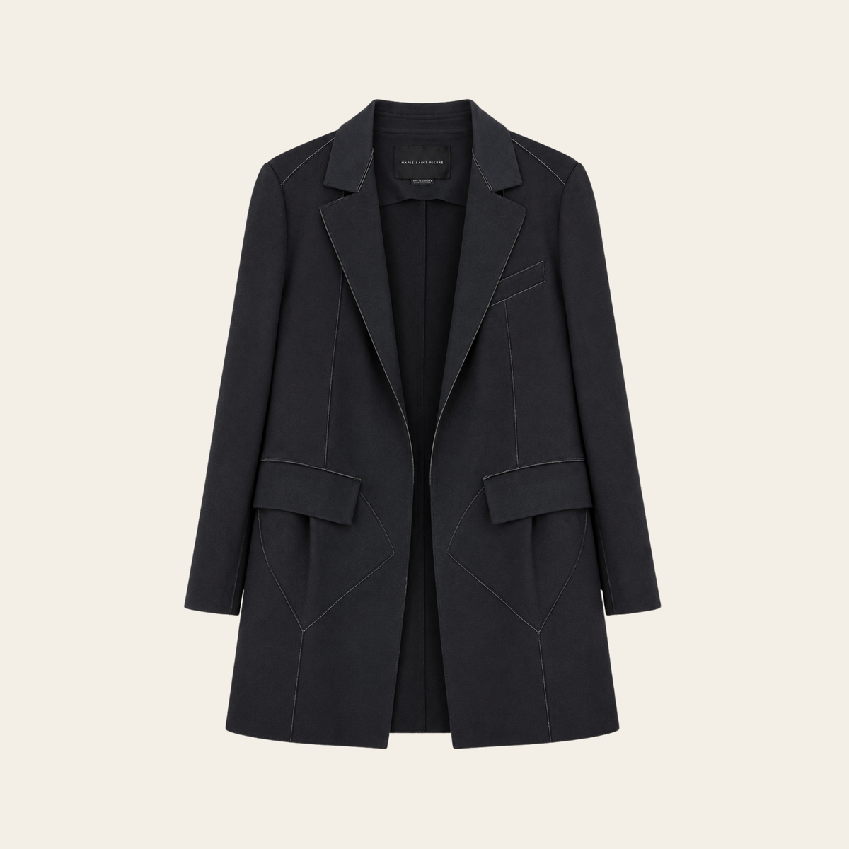 Marie Saint Pierre – Blazer long architectural en coton à surpiqûres contrastantes – Noir – Taille 5 (L/XL)