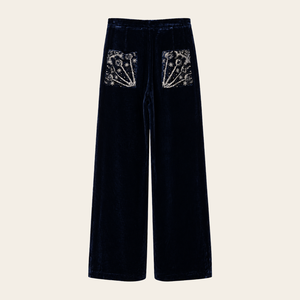 CHRISTIAN DIOR — Pantalon large en velours bleu nuit à poches brodées, taille 34