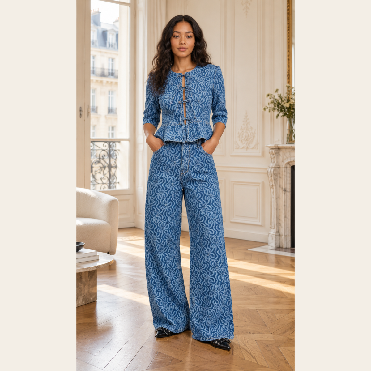 GANNI — Ensemble en denim jacquard bleu, blouse à nouer et jean à jambe large, M