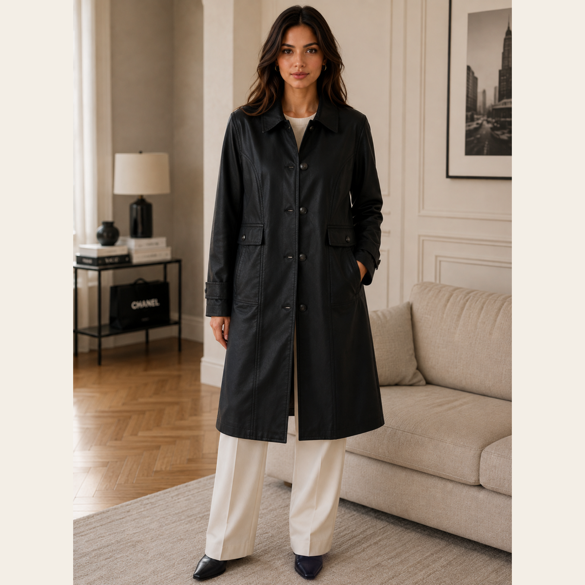 CHANEL – Manteau Utility Long en Coton Noir à Boutons CC, Taille 50