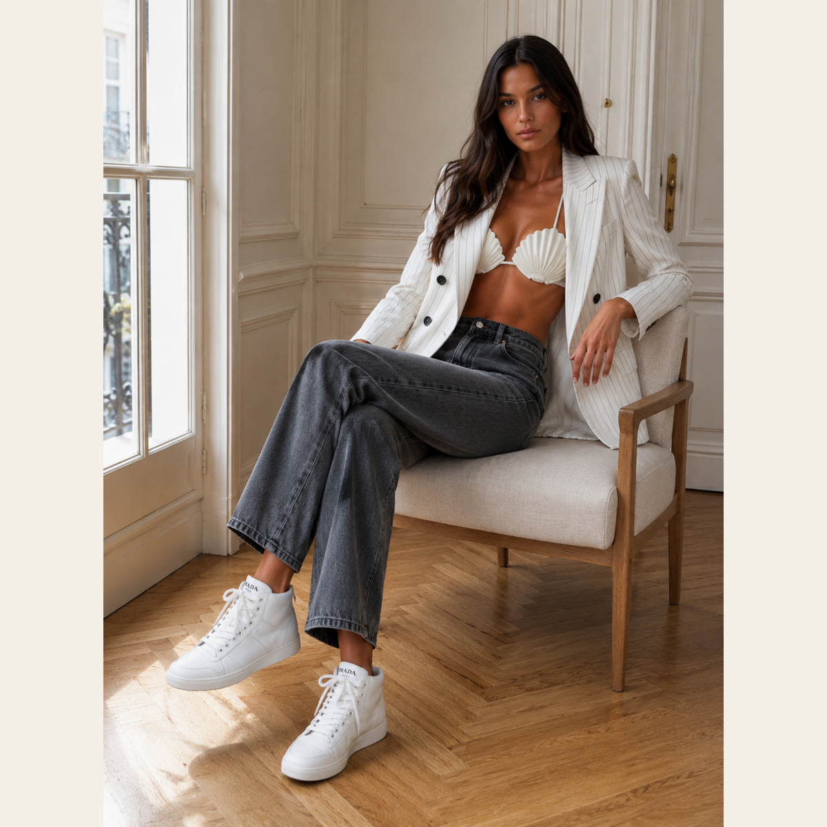 PRADA - Downtown High-Top Sneakers en cuir blanc, 36.5
