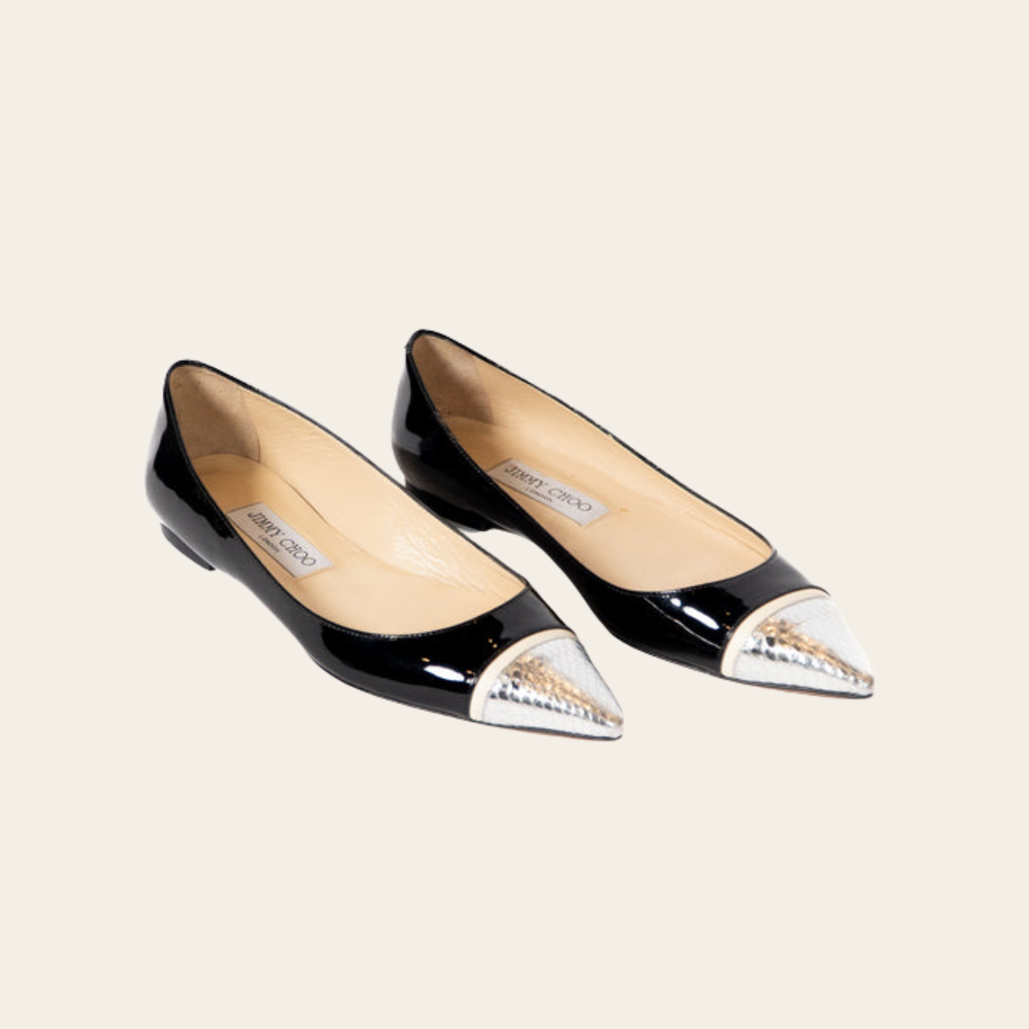 Jimmy Choo – Ballerines en cuir verni noir à bout métallique, Taille 36.5