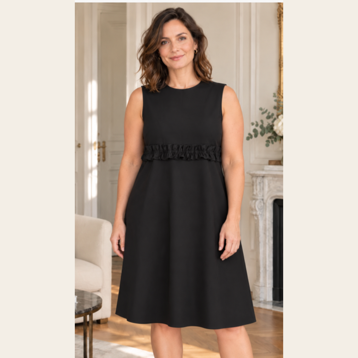 Marie Saint Pierre – Robe noire en Fine Scuba à volant plissé – Taille 5 L