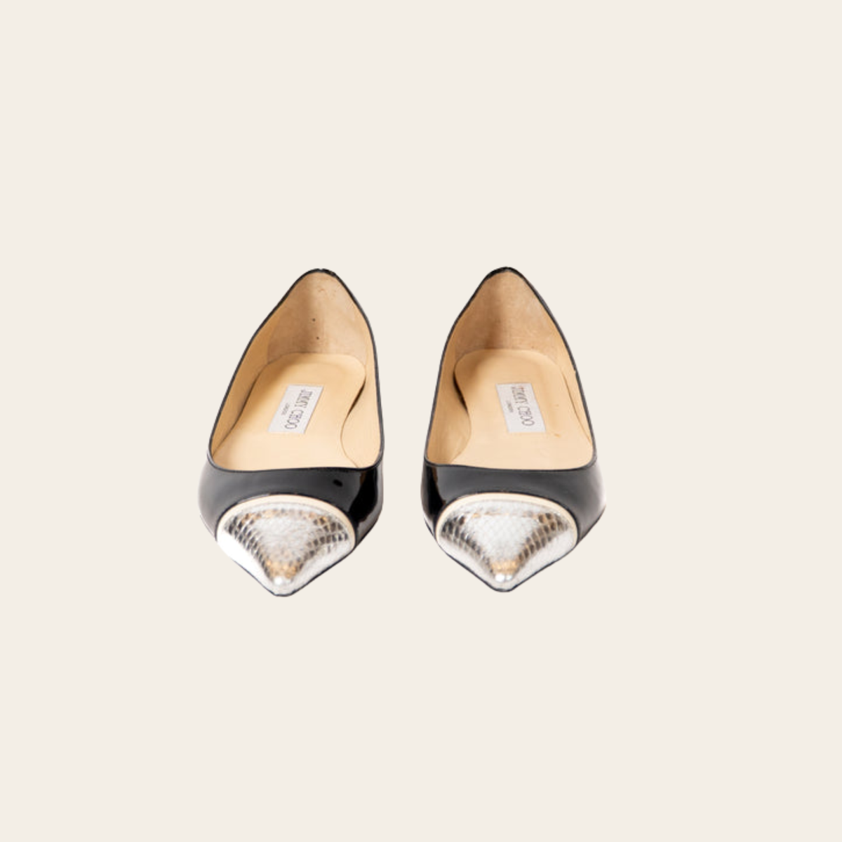 Jimmy Choo – Ballerines en cuir verni noir à bout métallique, Taille 36.5