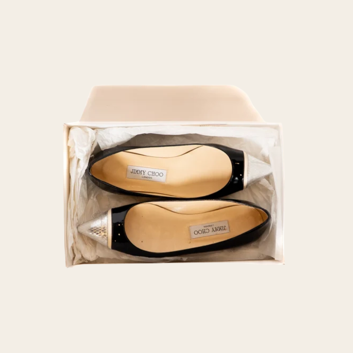 Jimmy Choo – Ballerines en cuir verni noir à bout métallique, Taille 36.5