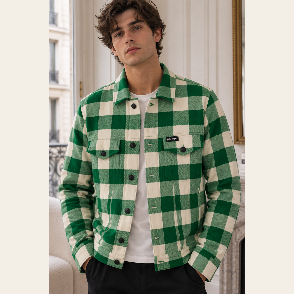 PALM ANGELS – Veste matelassée Curved Logo Check Trucker – Verte et écrue – Taille S