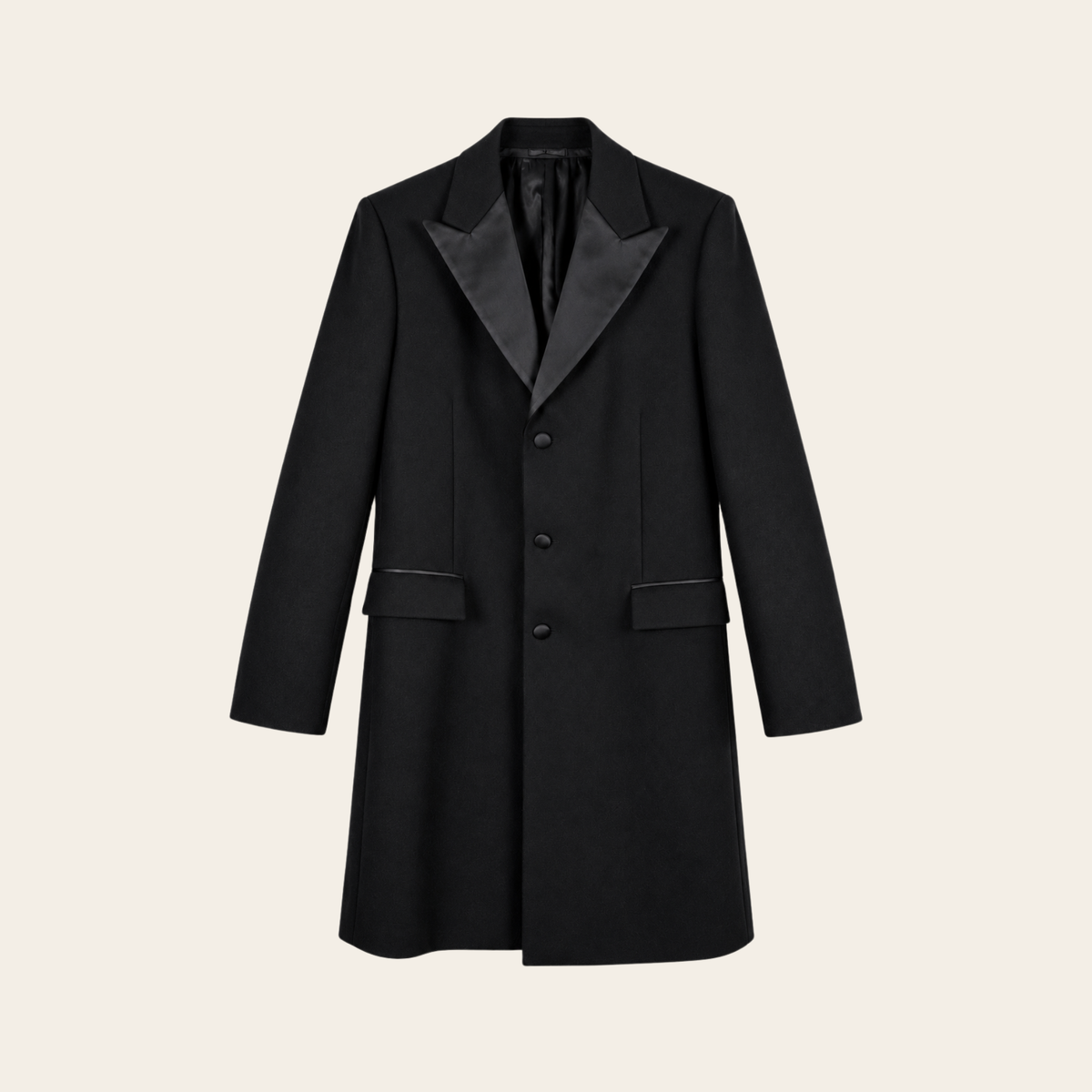 JIL SANDER — Manteau smoking noir en laine et cachemire à revers satinés, Taille IT 52