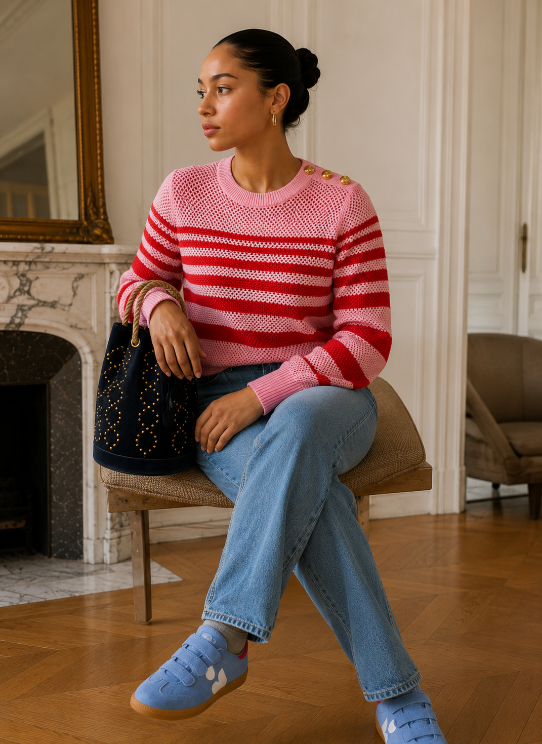 PINKO Uniqueness – Pull Marinière en Maille Ajourée, Taille S