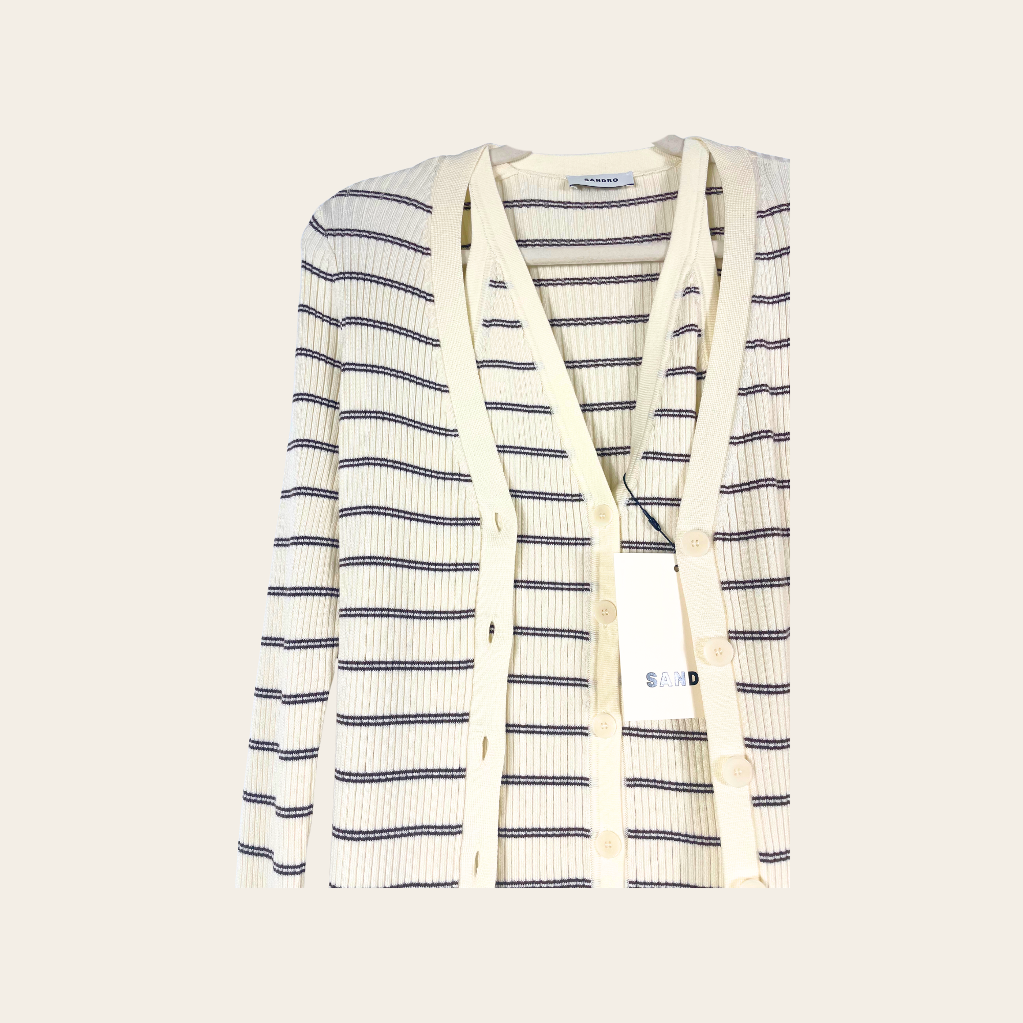 SANDRO – Cardigan Côtelé Rayé Écru & Marron, Taille 2 (M)