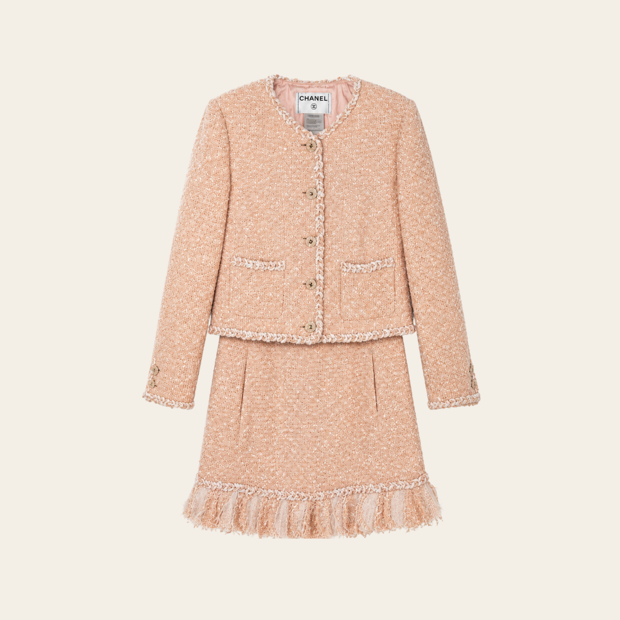CHANEL – Ensemble en tweed bouclé rose poudré (Veste P30632 & Robe P30509)