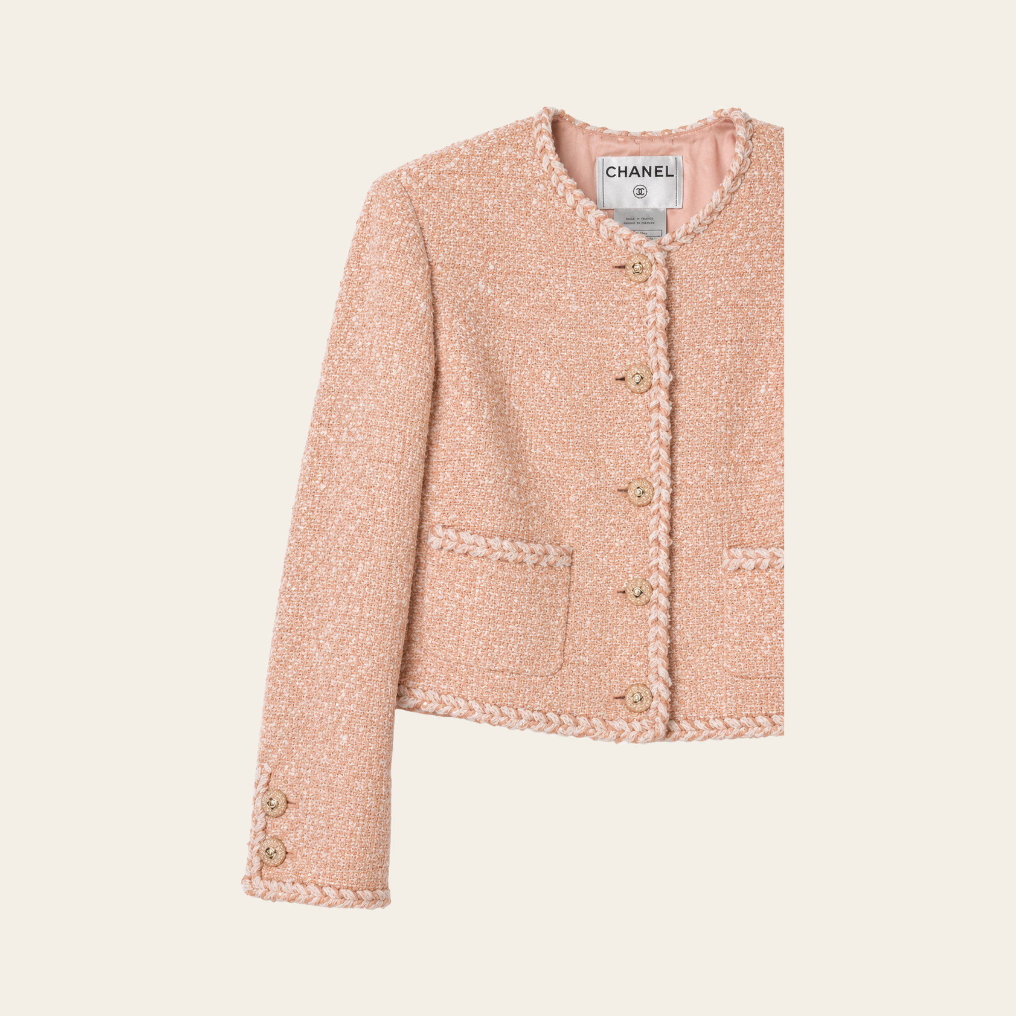 CHANEL – Ensemble en tweed bouclé rose poudré (Veste P30632 & Robe P30509)