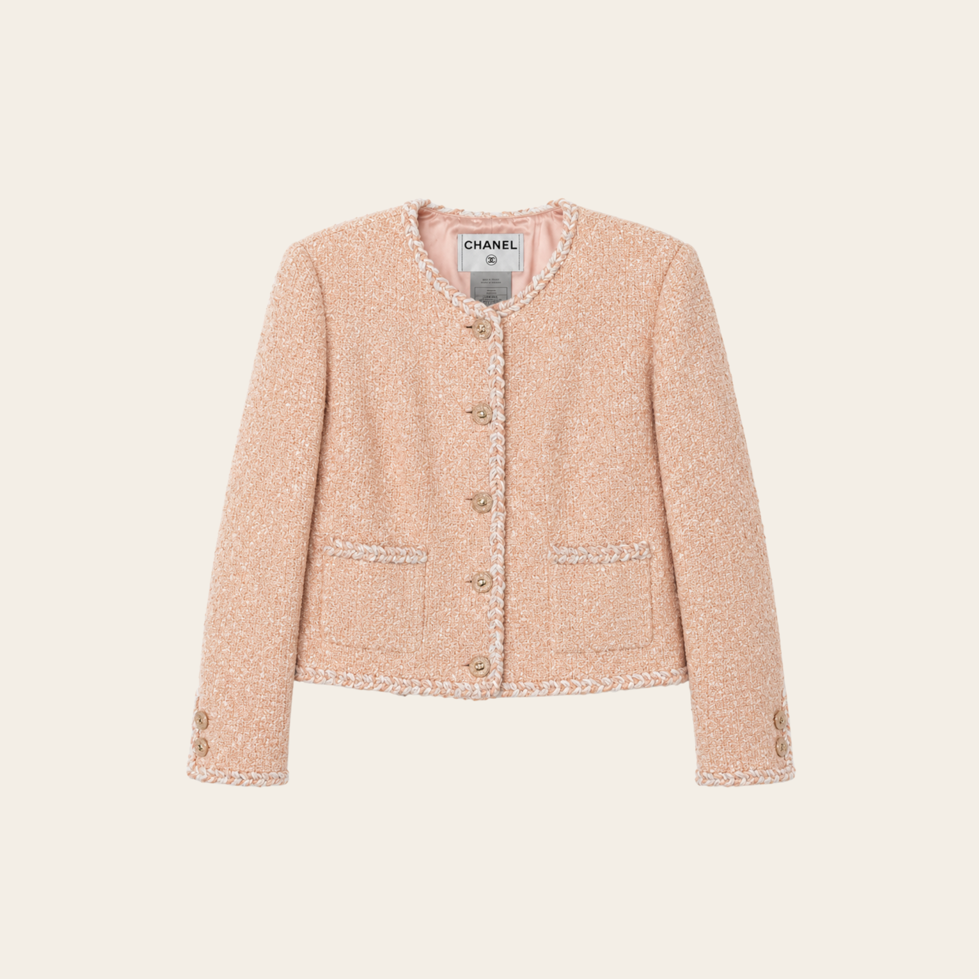 CHANEL – Ensemble en tweed bouclé rose poudré (Veste P30632 & Robe P30509)