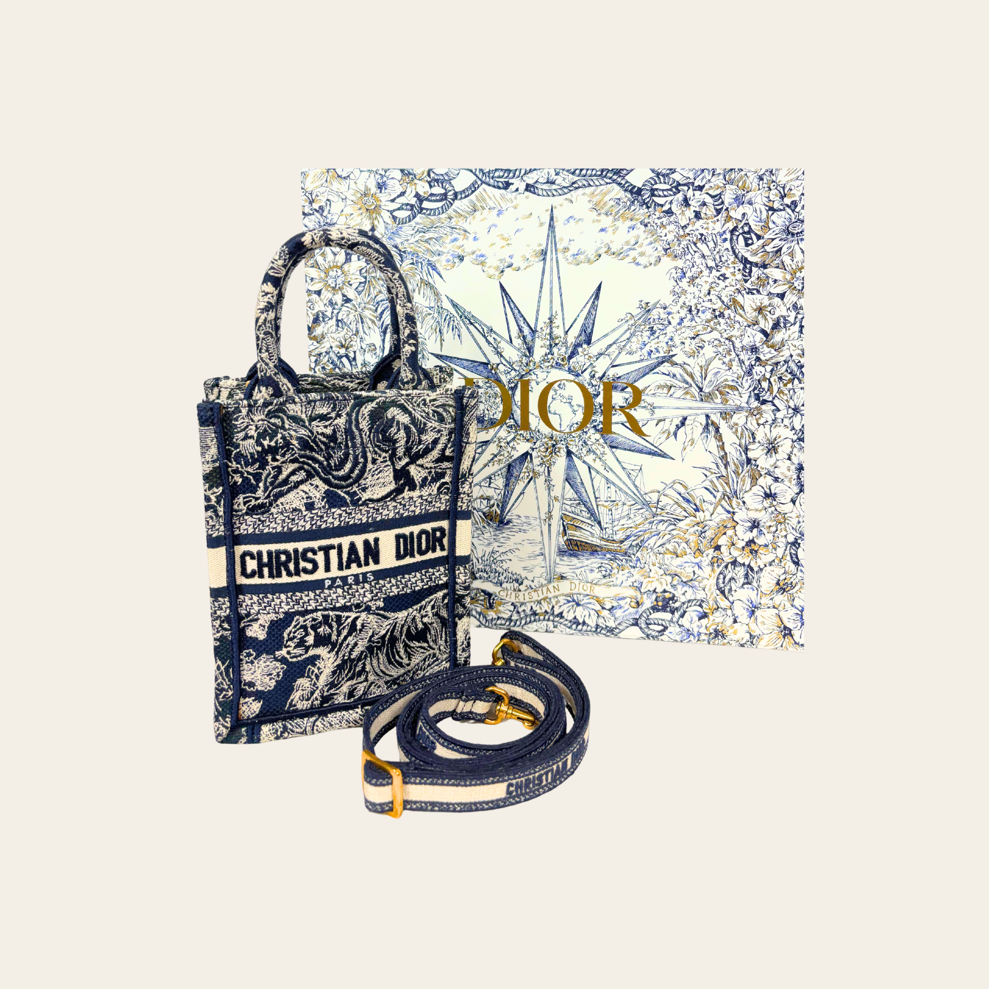 Dior Vertical Mini Book Tote en Toile de Jouy