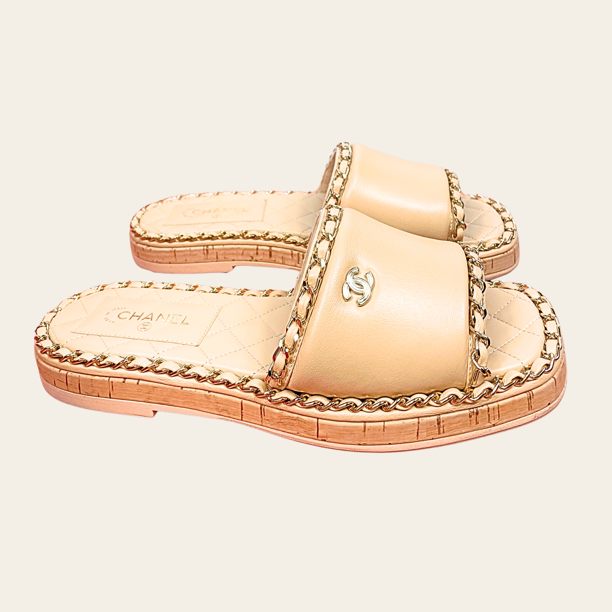 CHANEL - Chain Trim Quilted Slide Sandals, 37