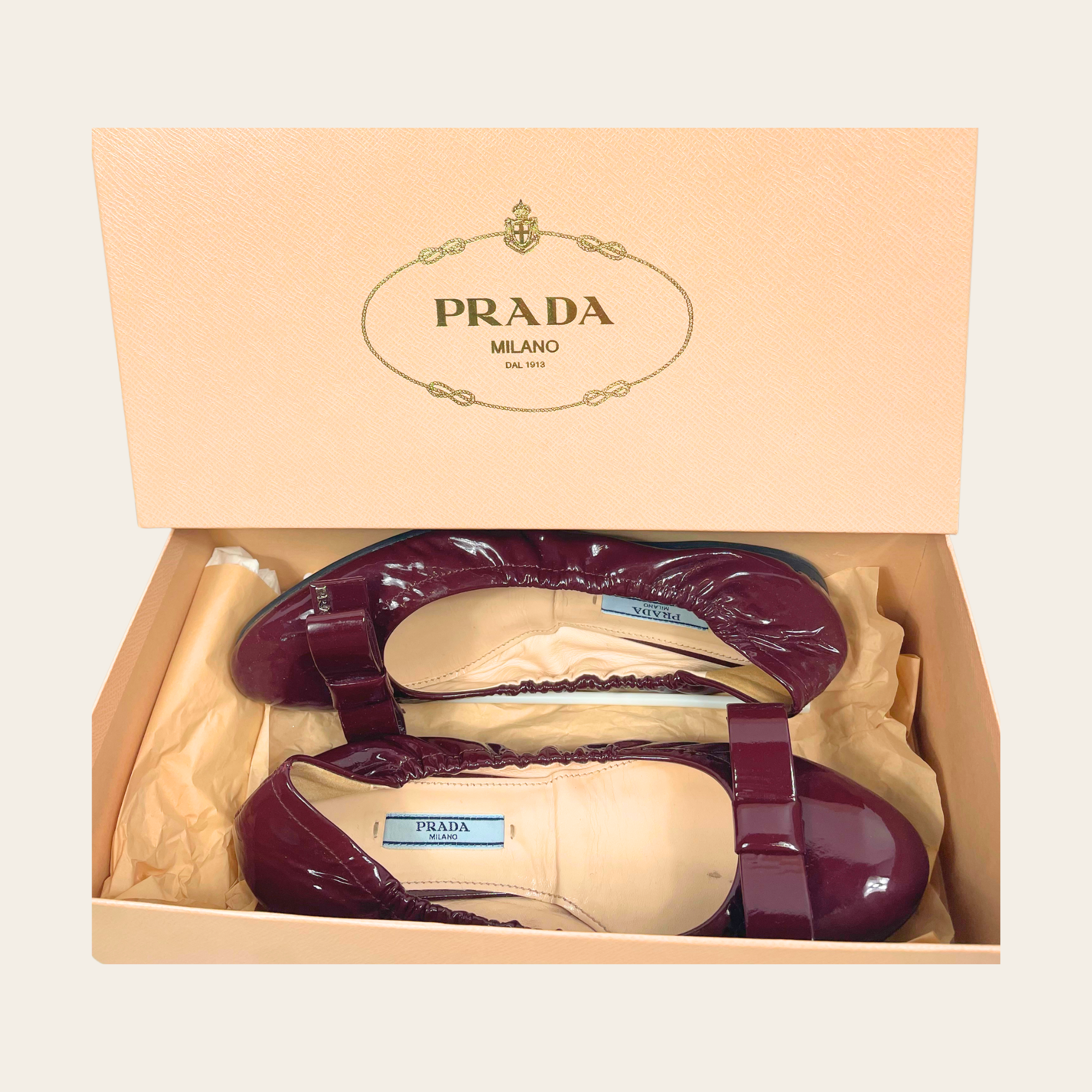 PRADA - Vernice Soft Amarena Ballet Flats, 37