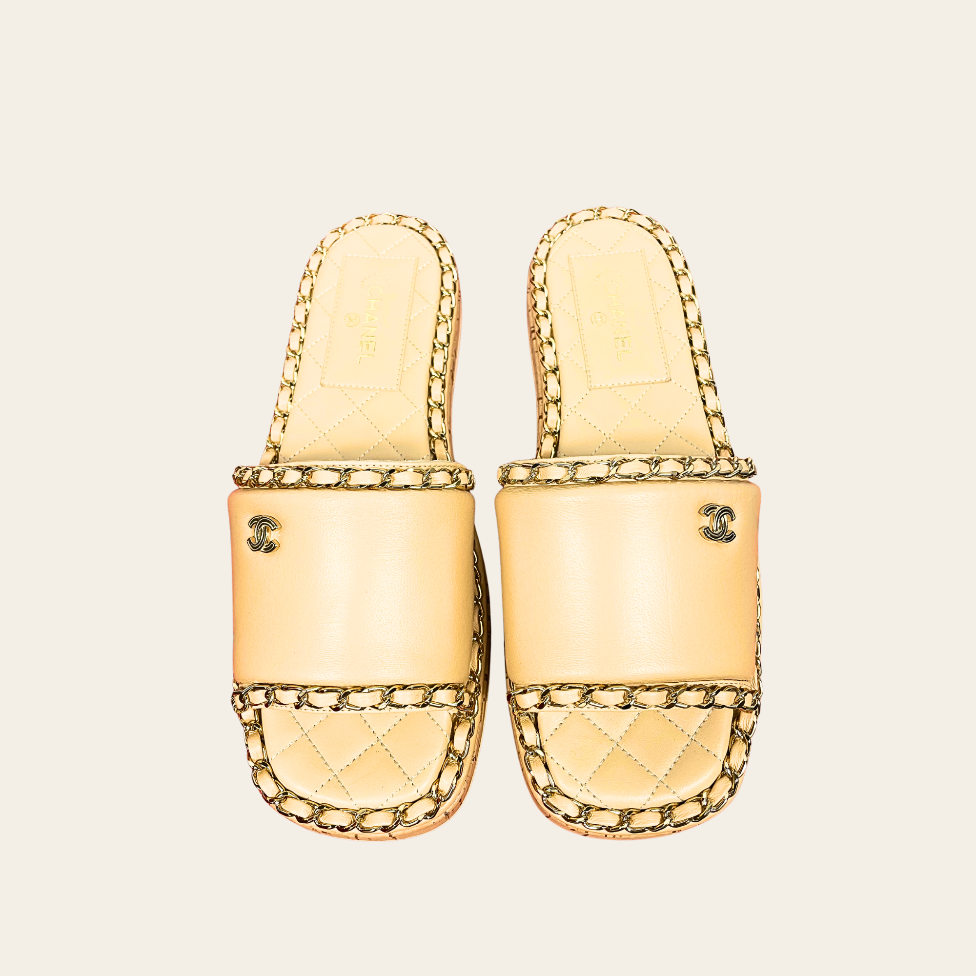 CHANEL - Chain Trim Quilted Slide Sandals, 37