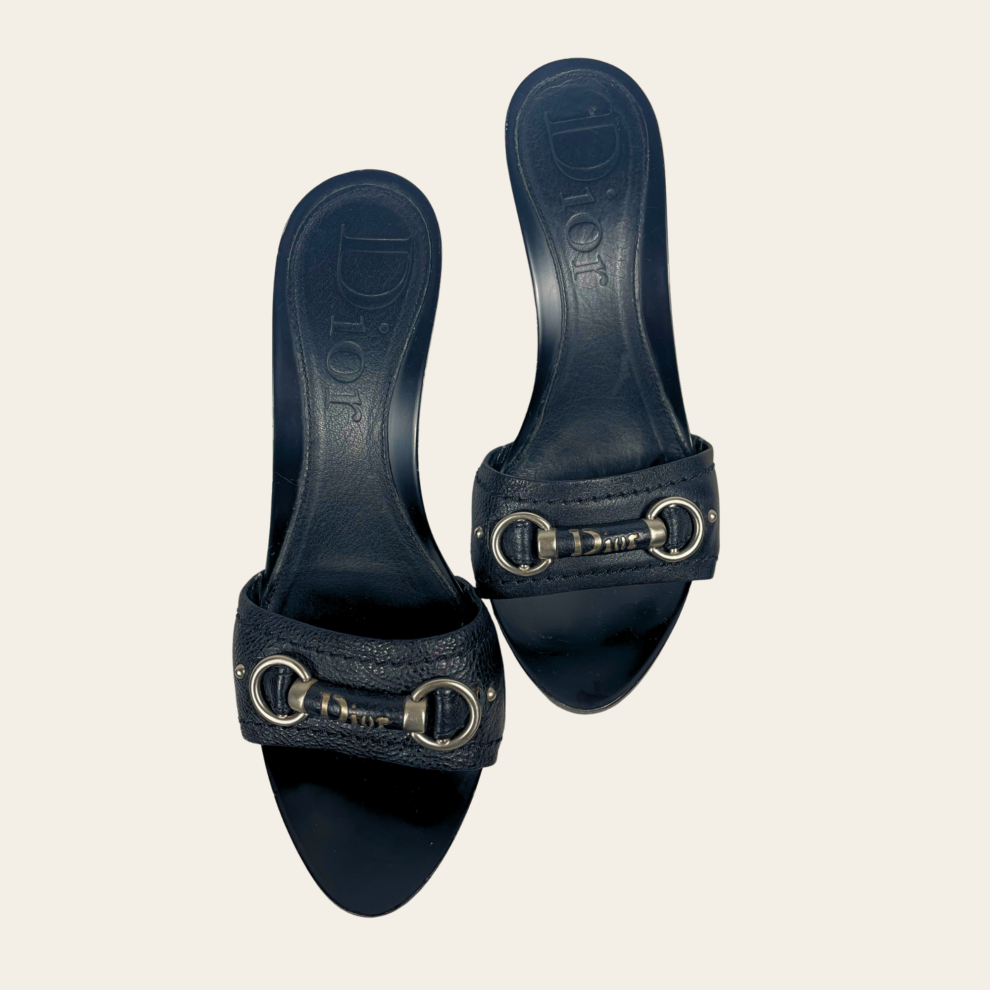 CHRISTIAN DIOR - Mules Équestres à Talons en Cuir Noir, 36.5