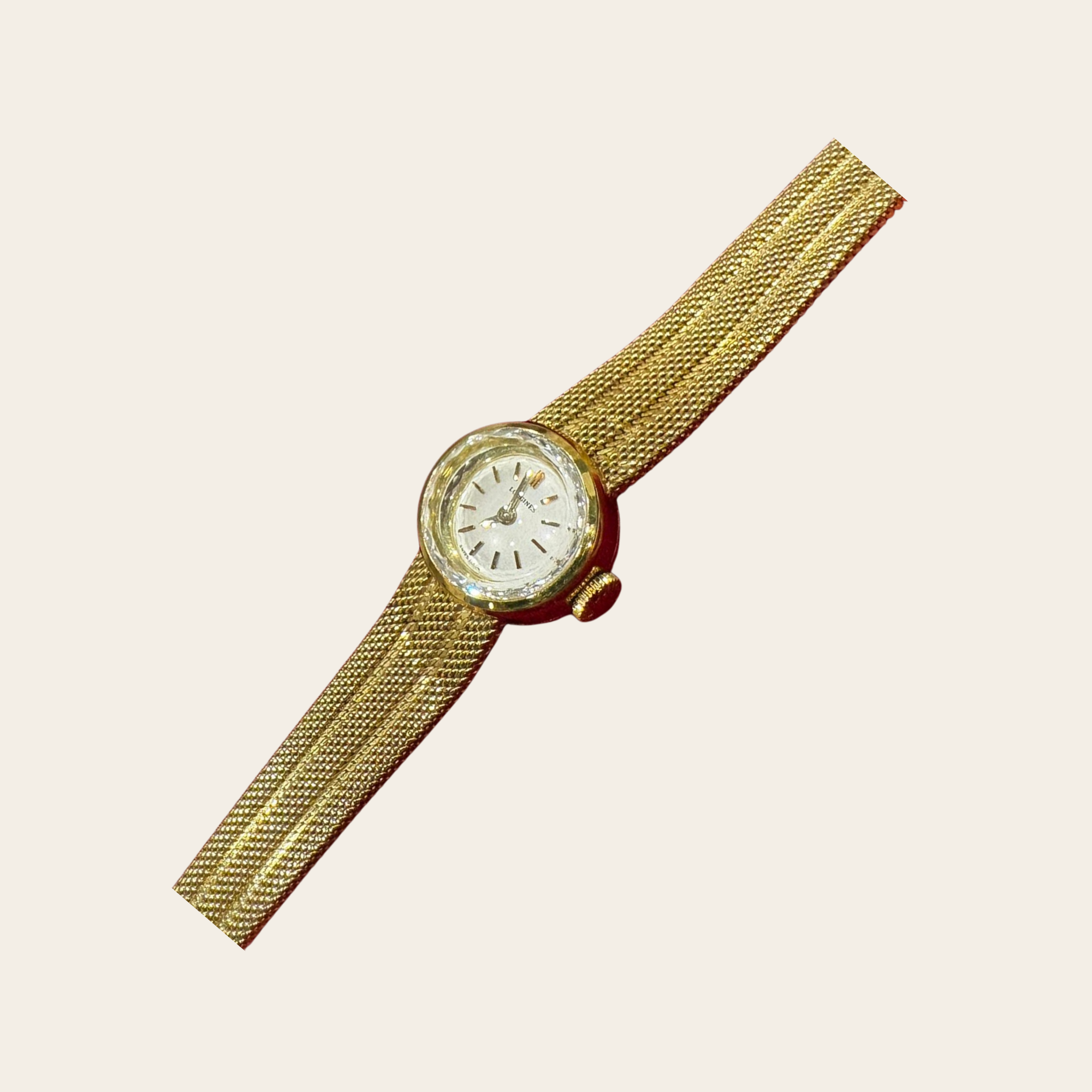 LONGINES - RARE - Montre Joaillerie Vintage Or à Bracelet Maille Tressée, Cadran Serti