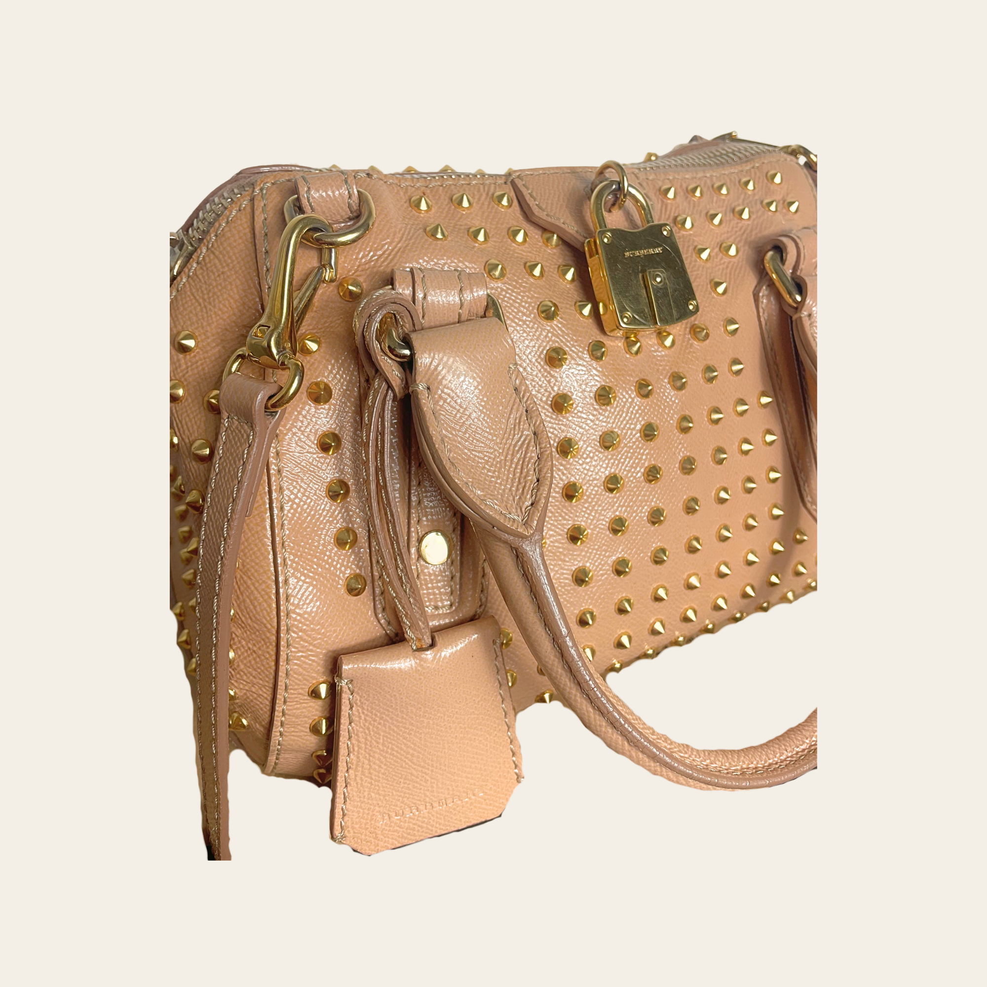 Burberry - Patent Calfskin Studded Bowler Bag “Oyster Pink”
