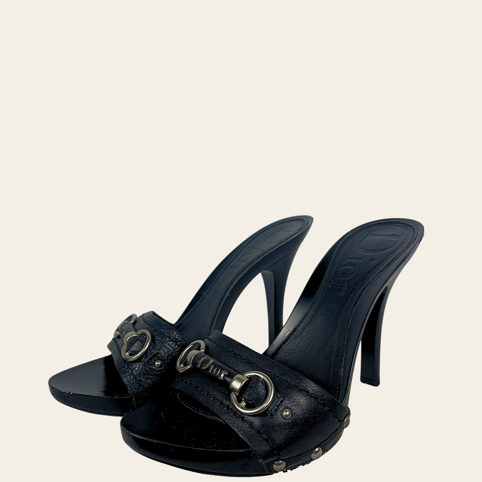 CHRISTIAN DIOR - Mules Équestres à Talons en Cuir Noir, 36.5