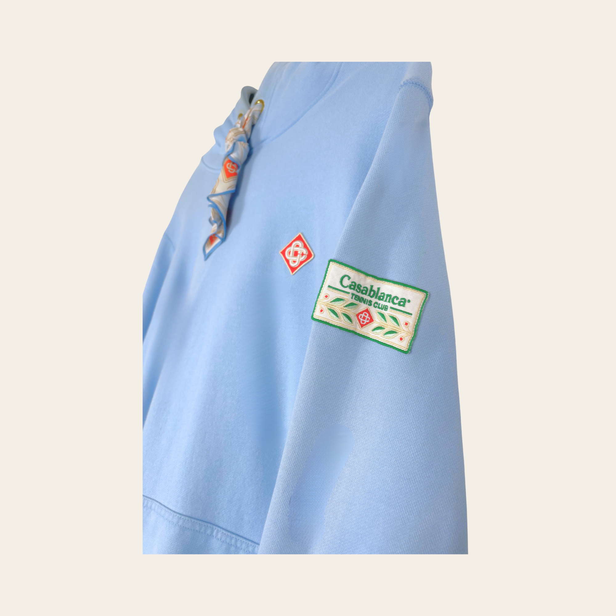 CASABLANCA - Tennis Club Silk Scarf Hoodie “Alaska Blue”, M