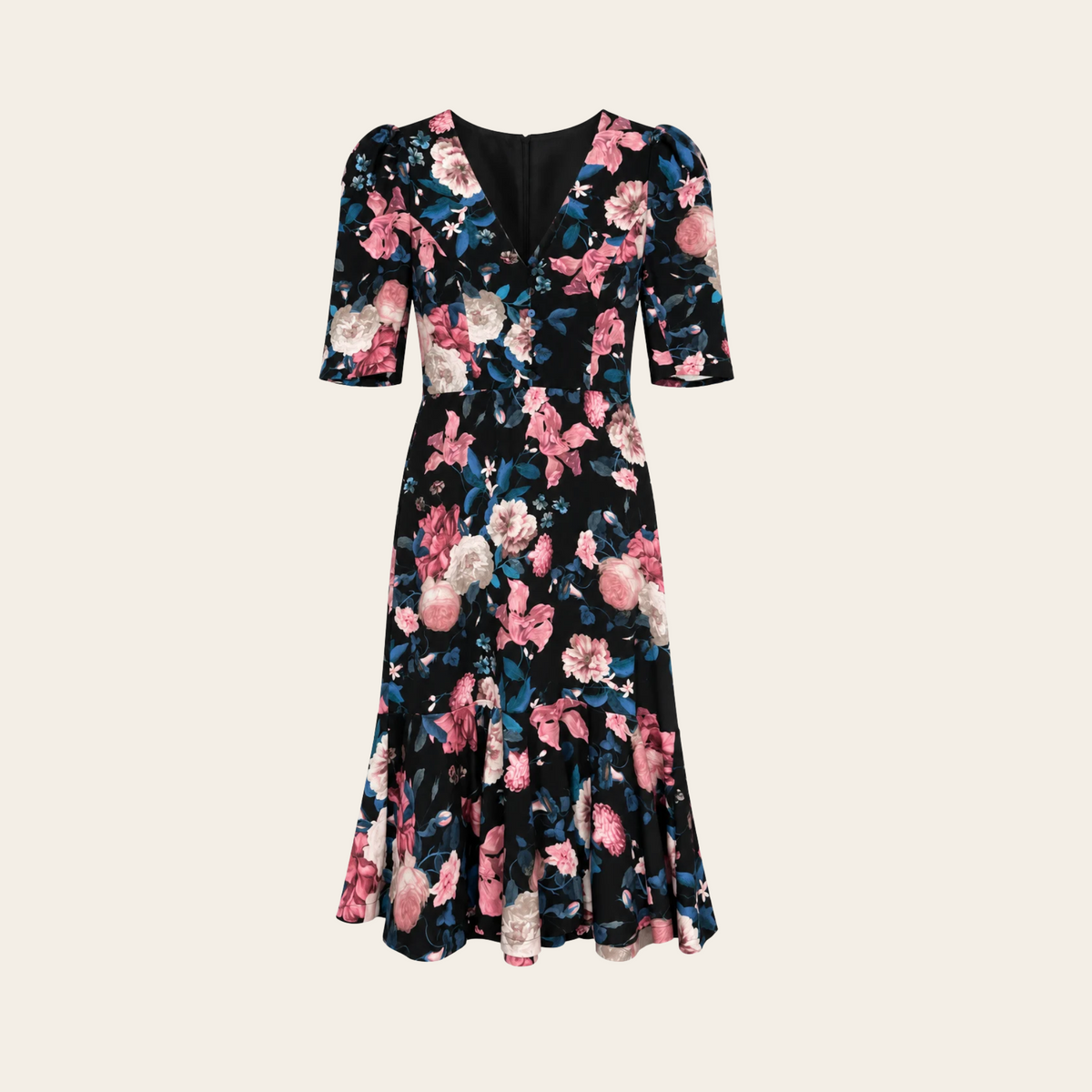 ERDEM — Robe midi noire à imprimé floral rose et bleu, décolleté en V et manches aux coudes, taille  M