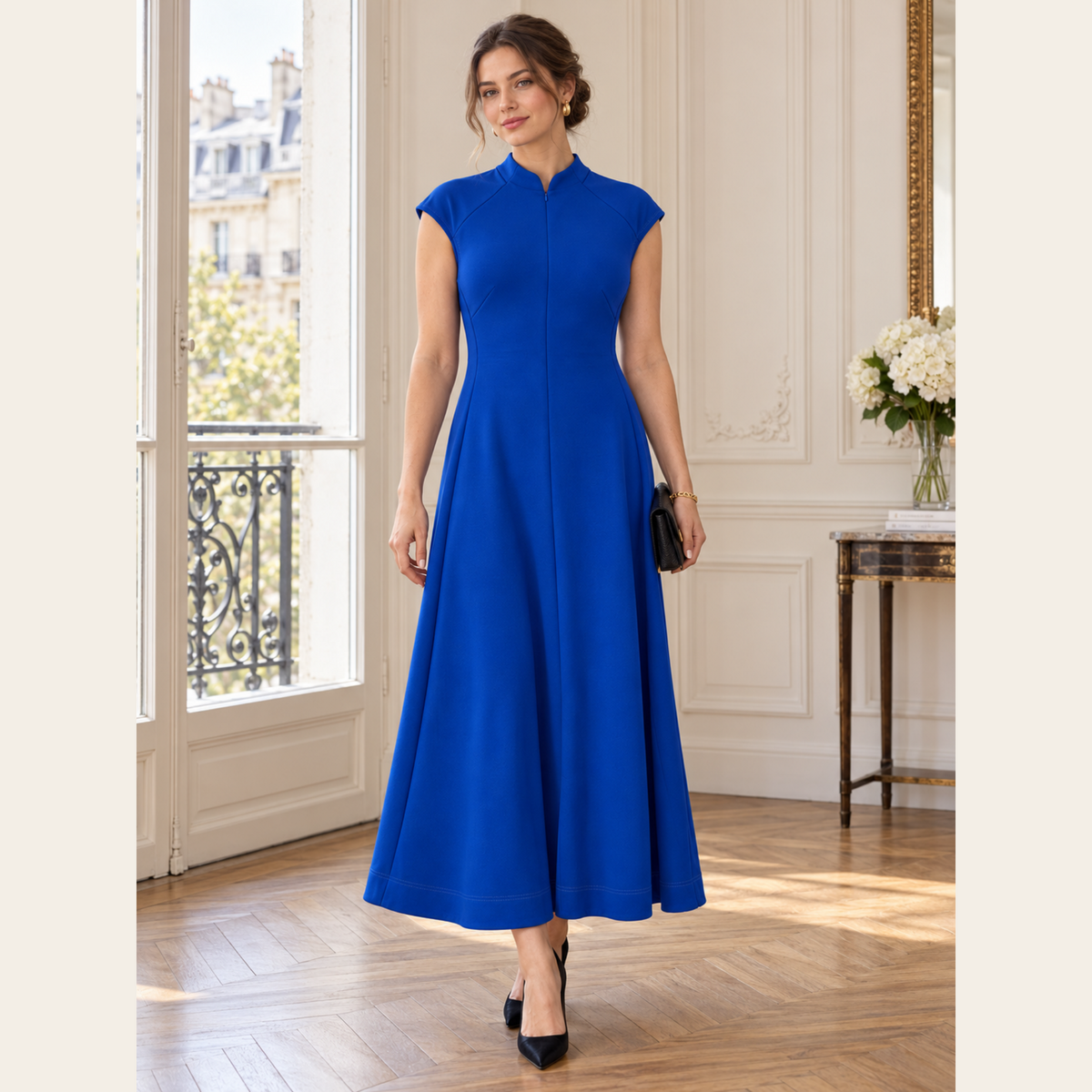 ME+EM — Robe longue bleu royal en jersey de viscose mélangée à col montant zippé, taille 10 US / 42 EU