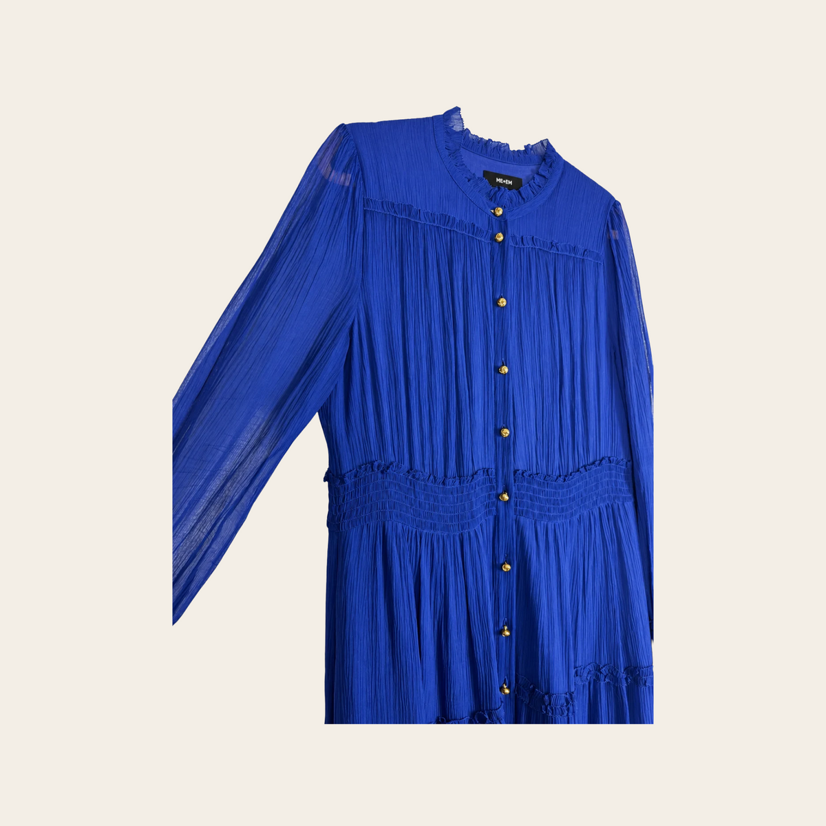 ME+EM — Robe longue Sheer Crinkle Silk-Blend bleu royal à volants et boutons dorés, taille 10 US / 42 EU
