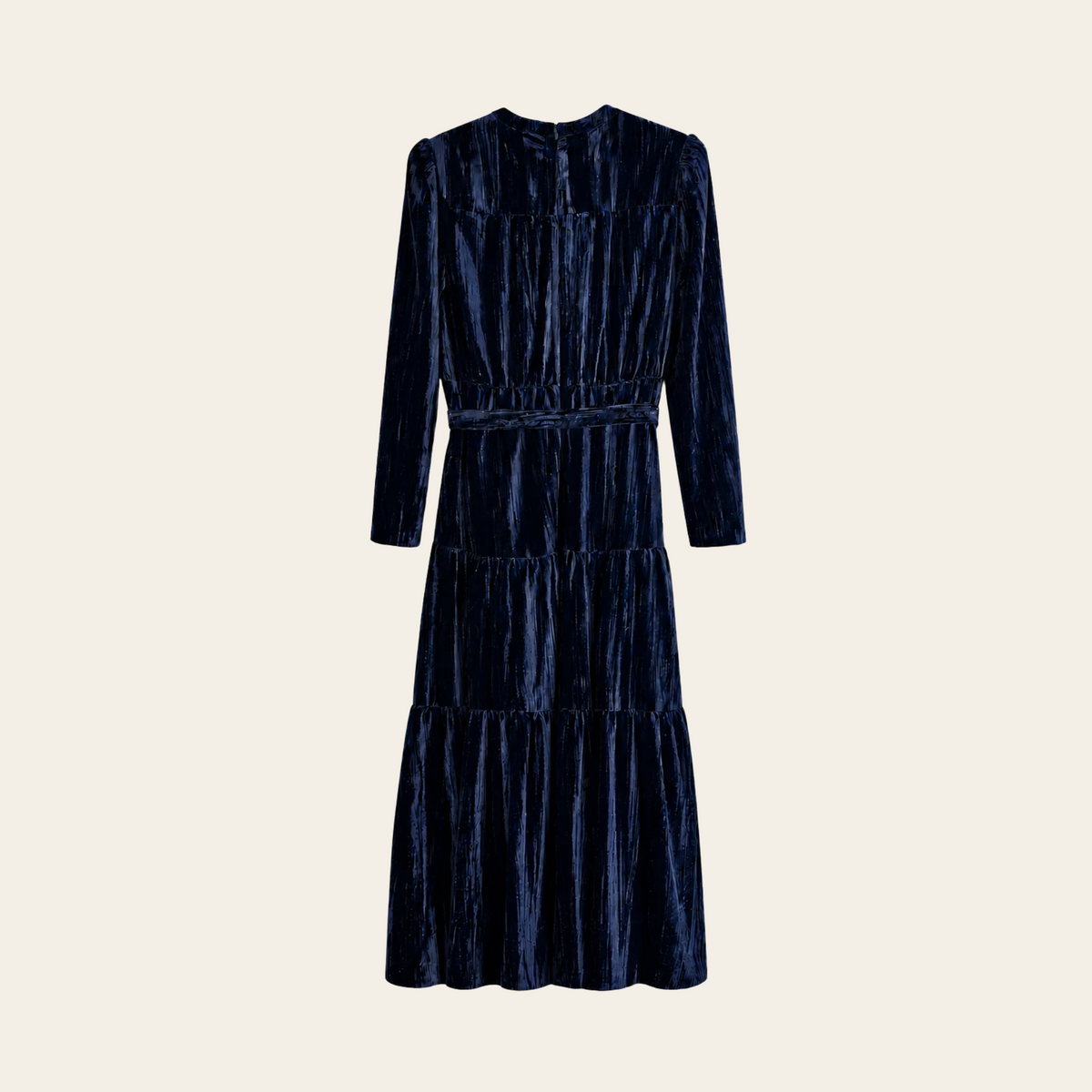 ME+EM — Robe longue en velours froissé bleu marine à manches longues et ceinture, taille 10 US / 42 EU