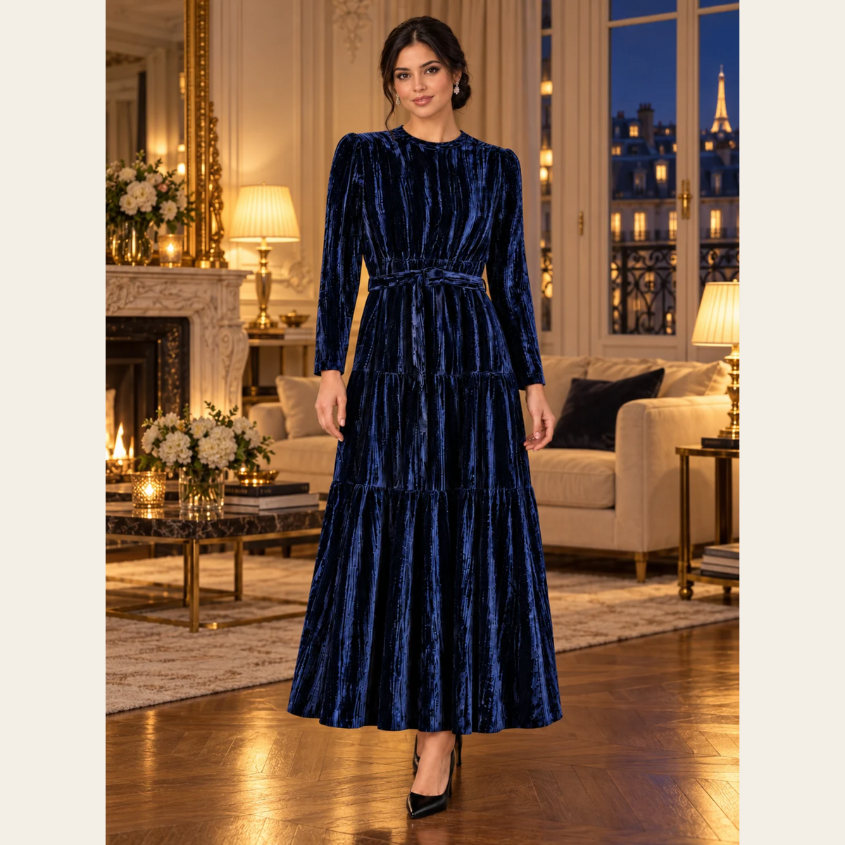 ME+EM — Robe longue en velours froissé bleu marine à manches longues et ceinture, taille 10 US / 42 EU