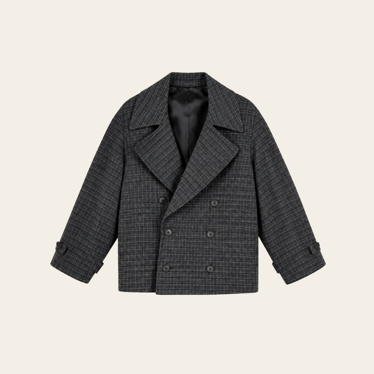 ÉCOLE DE PENSÉE — Caban croisé en pure laine gris anthracite à carreaux et larges revers, taille 34 EU