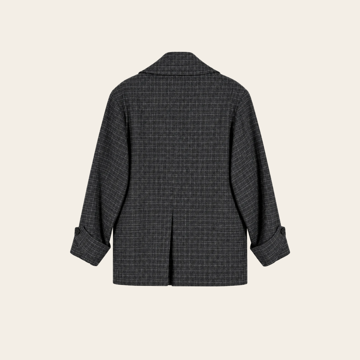 ÉCOLE DE PENSÉE — Caban croisé en pure laine gris anthracite à carreaux et larges revers, taille 34 EU