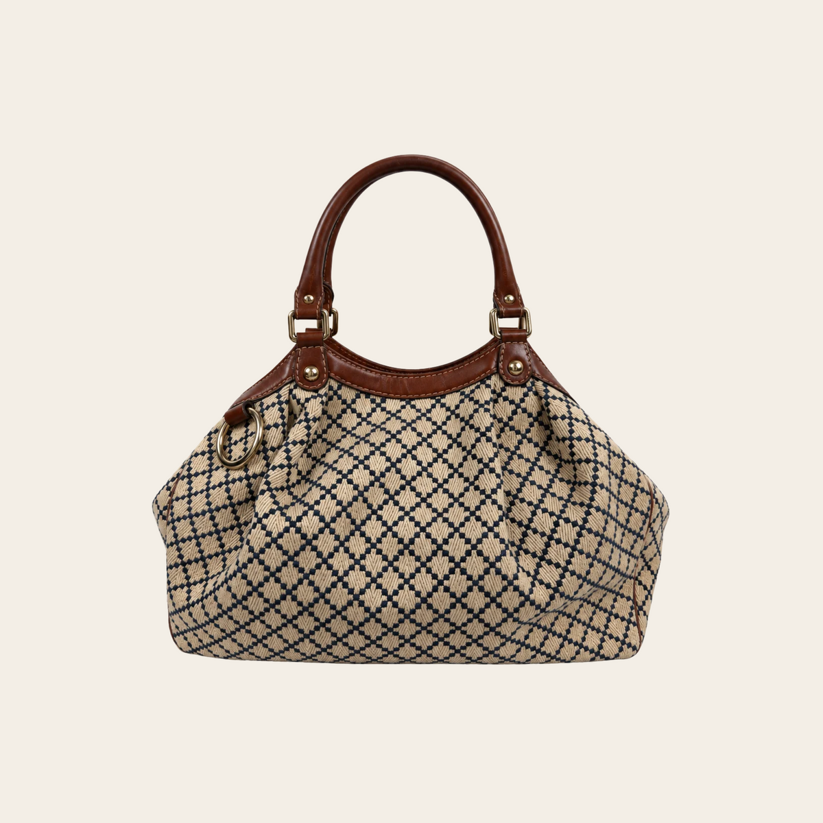 GUCCI — Sac cabas Sukey Medium en toile jacquard Diamante beige et bleu marine, garnitures en cuir brun et détails dorés, taille M
