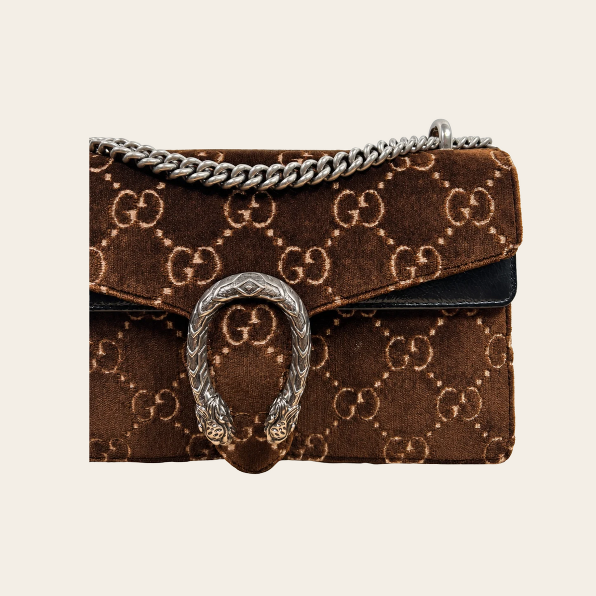 GUCCI — Sac Dionysus Medium en velours GG Supreme marron et cuir noir, taille M