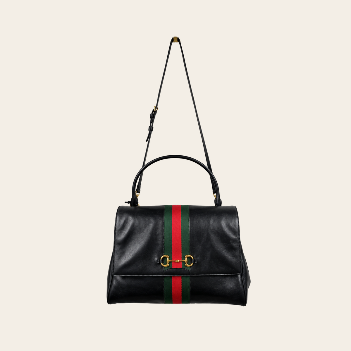 GUCCI — Sac Paparazzo Large en cuir noir avec bande Web verte et rouge et mors Horsebit