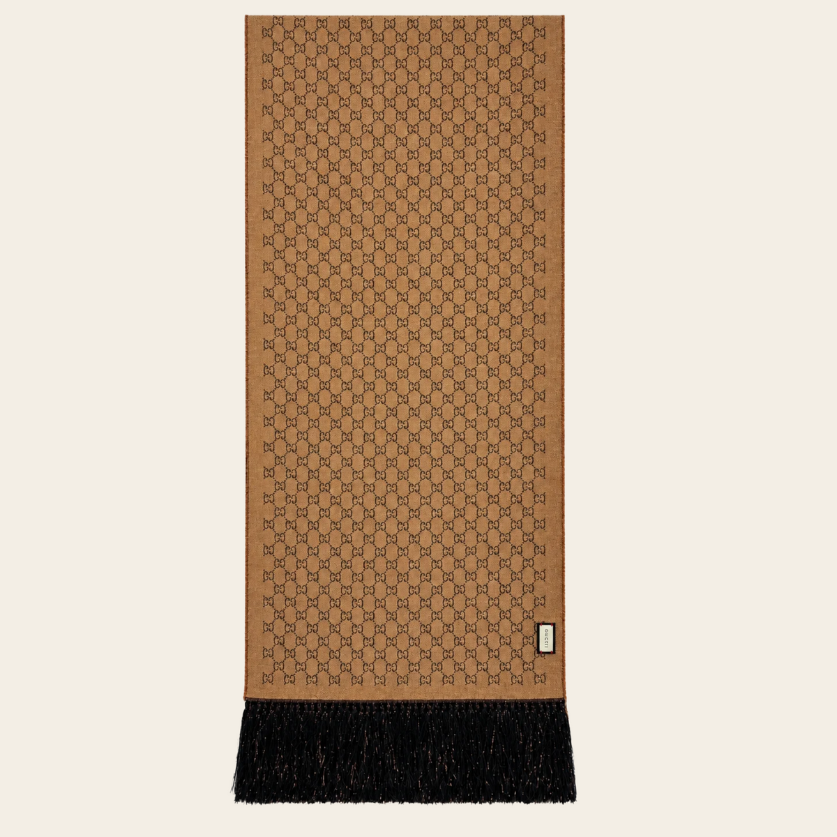 GUCCI — Écharpe réversible à motif GG beige et marron à franges