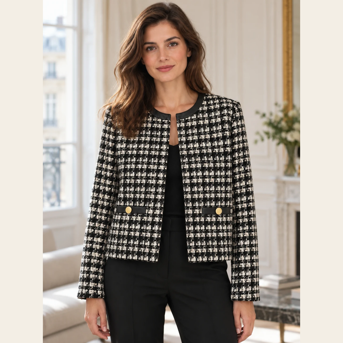 ALICE + OLIVIA — Veste Donita en tweed noir et écru à finitions en similicuir et boutons dorés — L