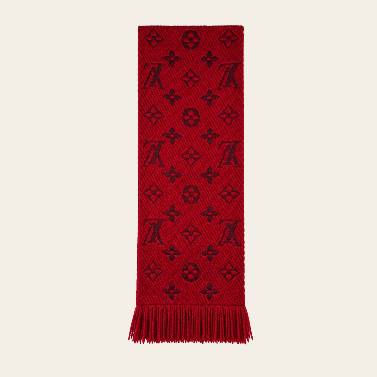 LOUIS VUITTON — Écharpe Logomania en laine et soie rouge rubis à motif Monogram jacquard et franges