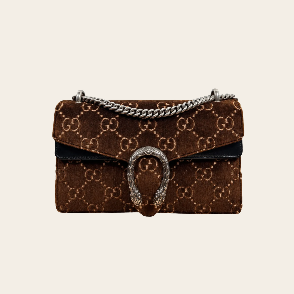 GUCCI — Sac Dionysus Medium en velours GG Supreme marron et cuir noir, taille M