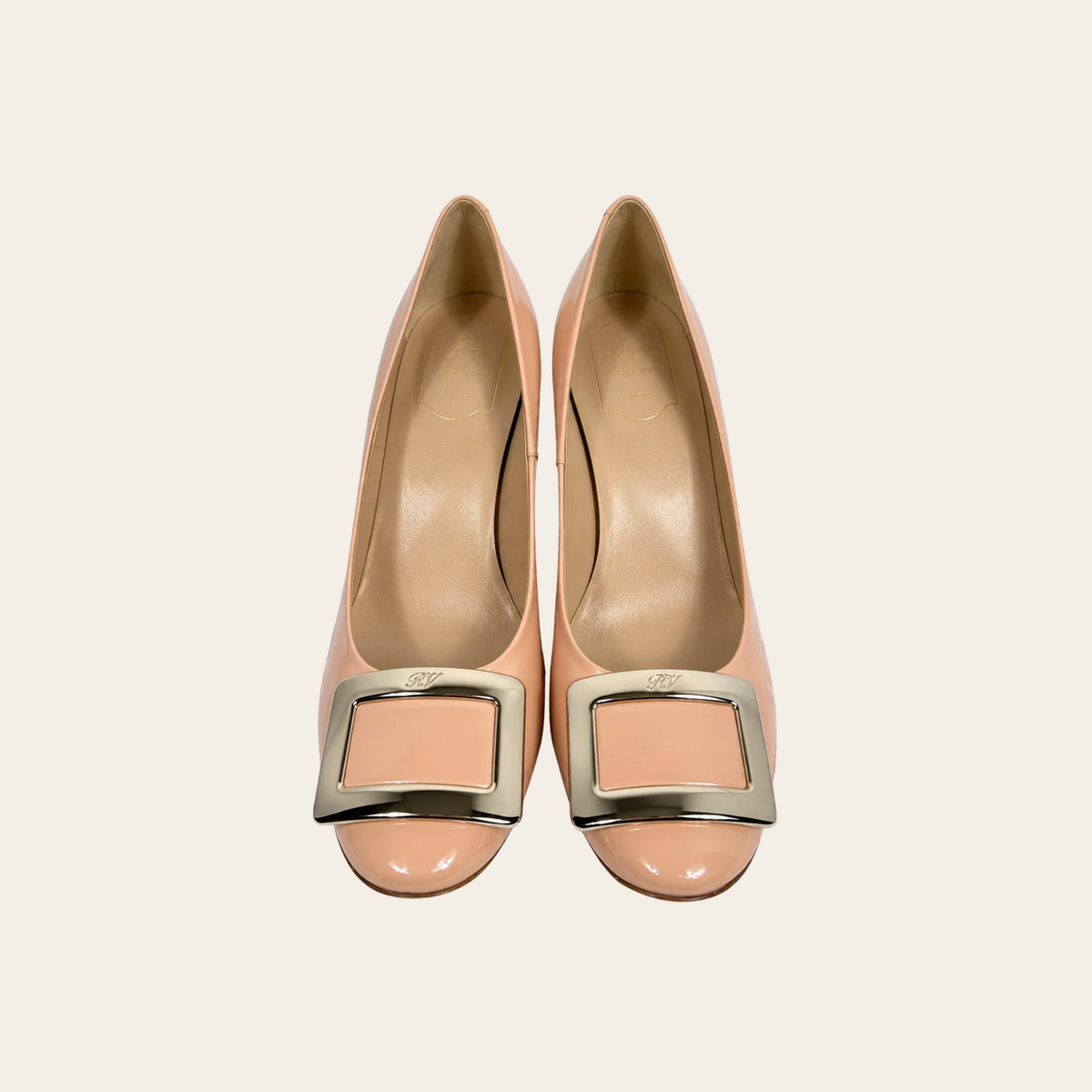 ROGER VIVIER — Escarpins à boucle signature en cuir verni rose poudré avec talons fins, taille 39