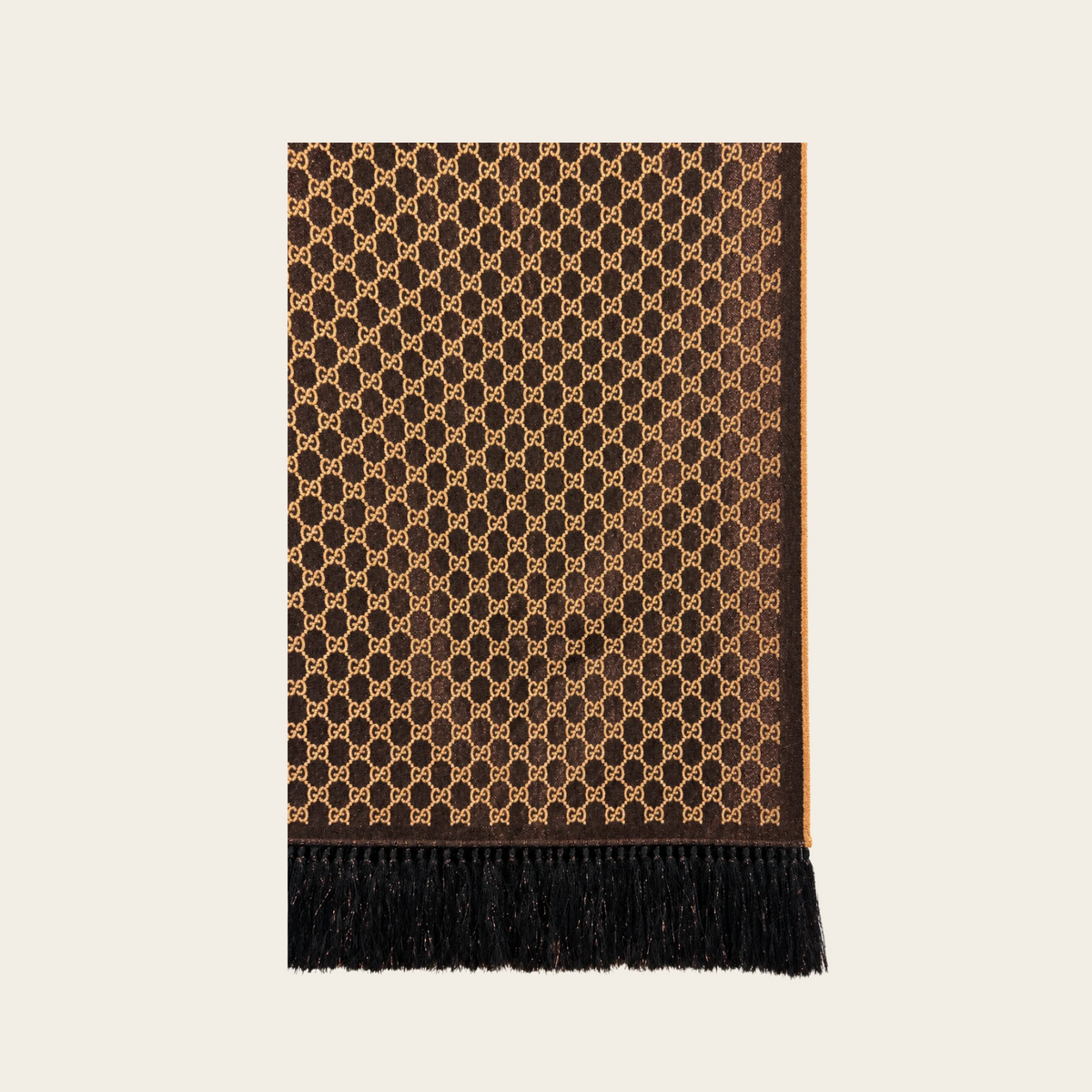 GUCCI — Écharpe réversible à motif GG beige et marron à franges