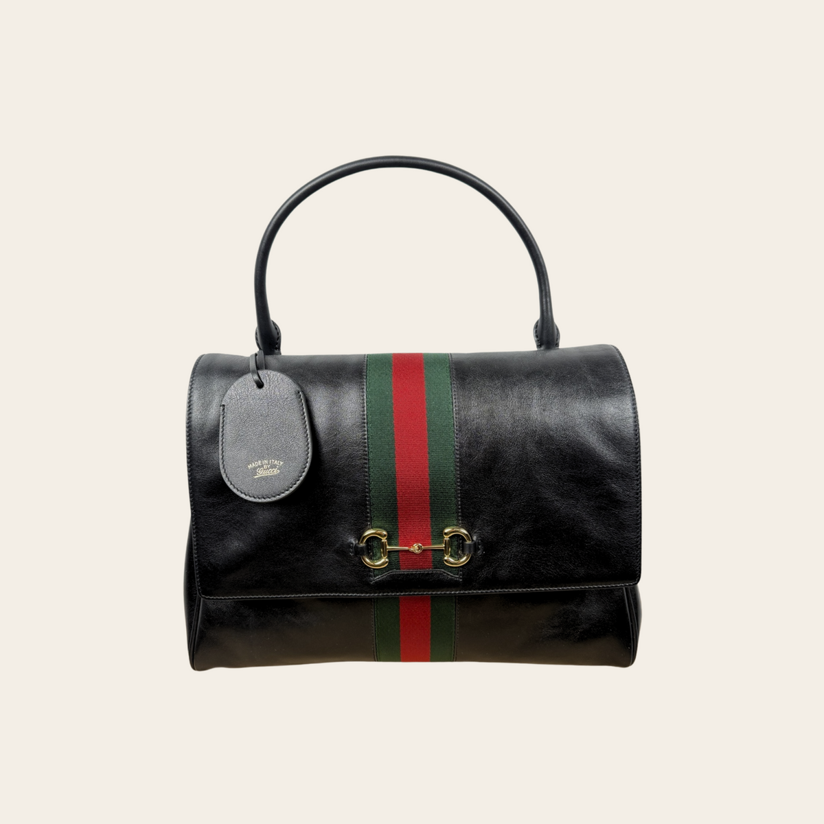 GUCCI — Sac Paparazzo Large en cuir noir avec bande Web verte et rouge et mors Horsebit
