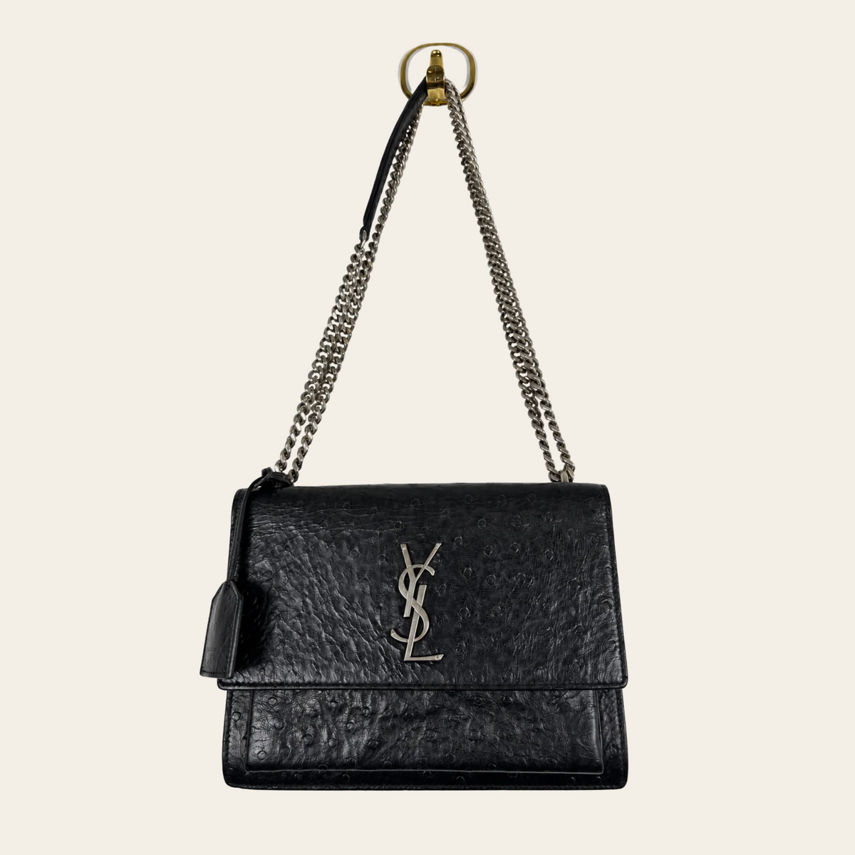 SAINT LAURENT — Sac Sunset Medium en cuir noir embossé façon autruche