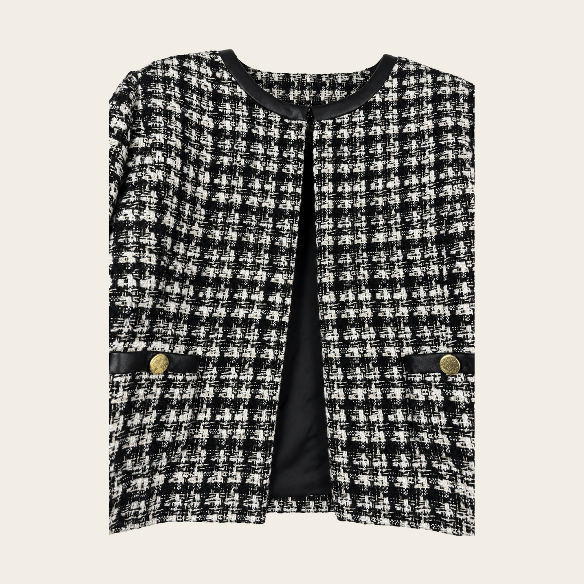 ALICE + OLIVIA — Veste Donita en tweed noir et écru à finitions en similicuir et boutons dorés — L