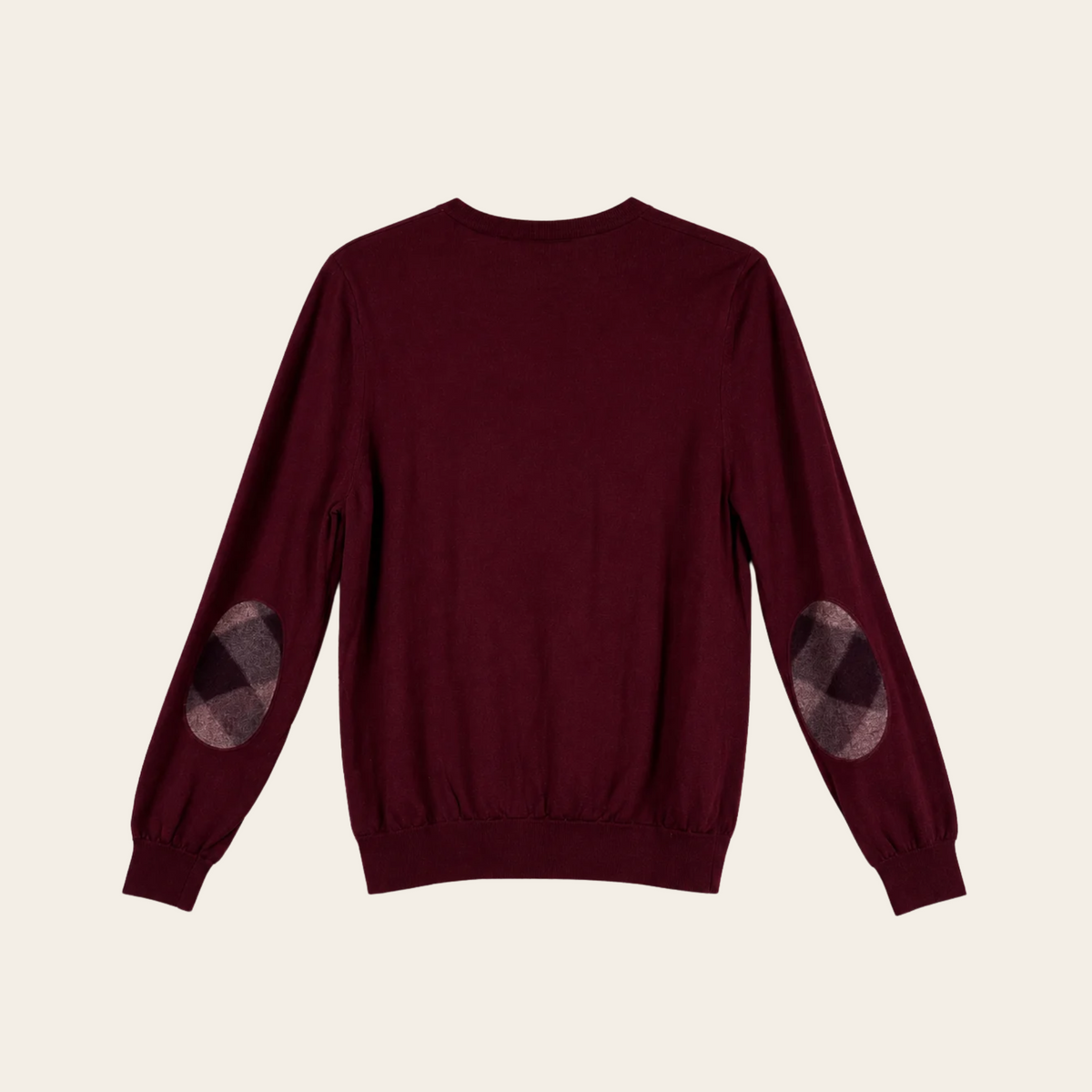 BURBERRY BRIT — Pull en maille bordeaux à coudières à carreaux, taille XL