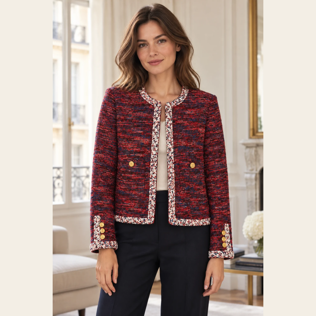 CHANEL — Veste en tweed rouge et bleu à galons tressés et boutons double C dorés, taille S/M (38 FR)